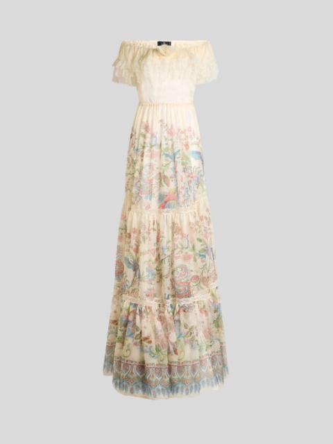 LONG SILK DRESS WITH PLACED FLORA AND FAUNA PRINT