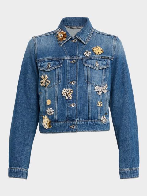 Brooch Embellished Crop Denim Jacket
