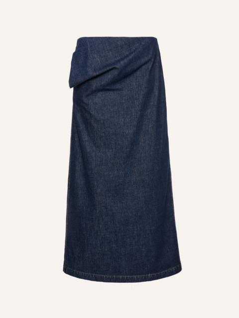 Denim draped midi skirt in navy blue