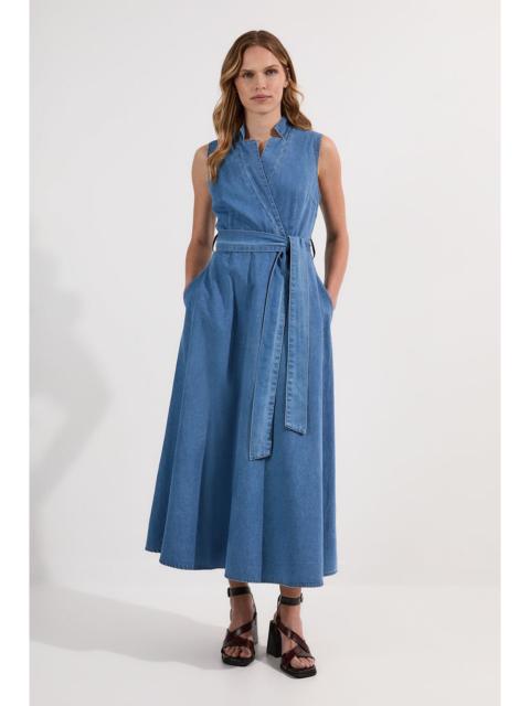 Denim Tailored Notch Neck Belted Fluid Midi Dress