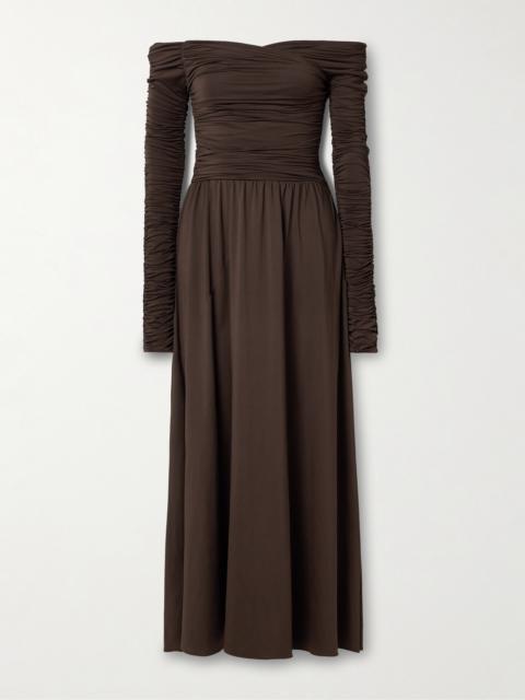 Charlotte Off-the-shoulder Ruched Stretch Recycled-jersey Maxi Dress