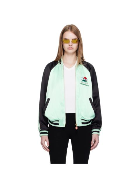 Green & Black Embroidered Satin Bomber Jacket