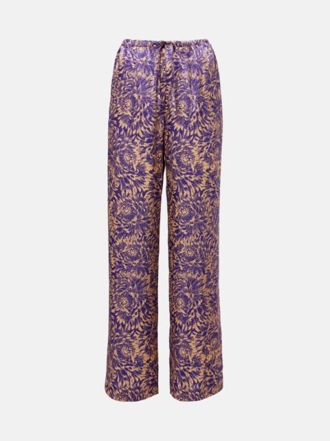 Floral silk satin wide-leg pants