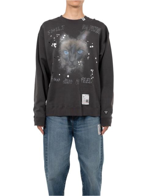 Cat Printed Embellished Distressed Sweatshirt