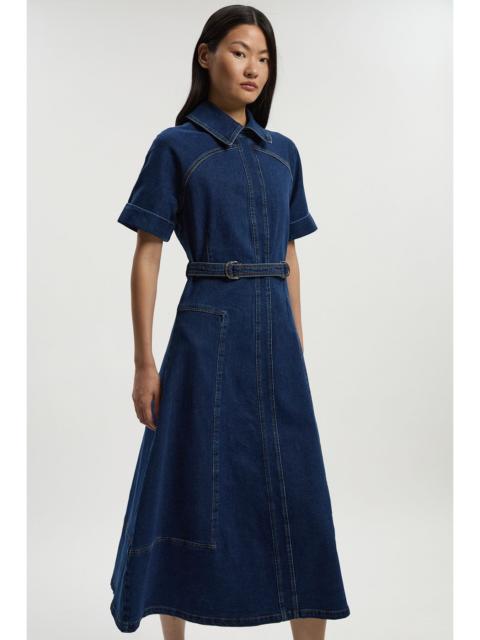Stretch Denim Tab Belt Detail Midi Dress