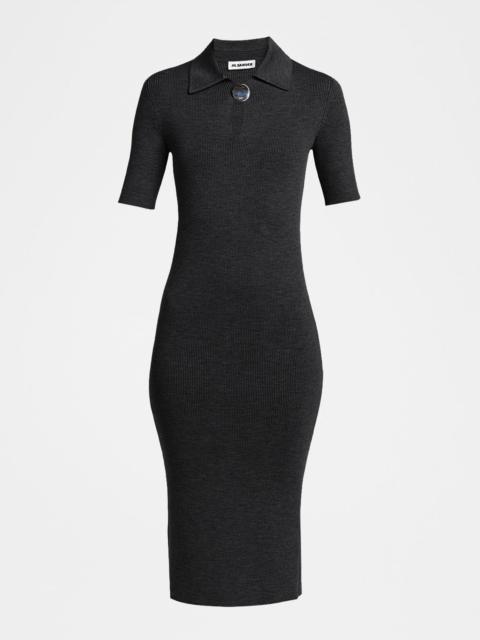 Short-Sleeve Rib Knit Midi Polo Dress