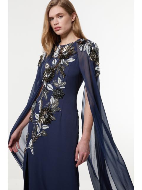 Floral 3D Embellished Drama Cape Sleeve Woven Maxi Dress