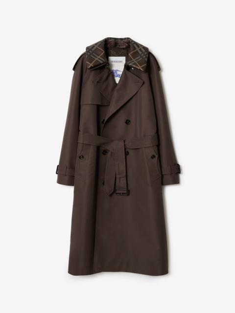 Long Check Collar Silk Cotton Trench Coat