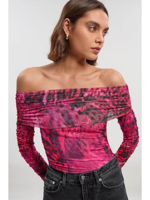 Animal Print Off The Shoulder Ruched Bodysuit