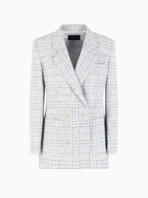 ICON DOUBLE-BREASTED LINEN-BLEND BLAZER WITH A CHECK MOTIF