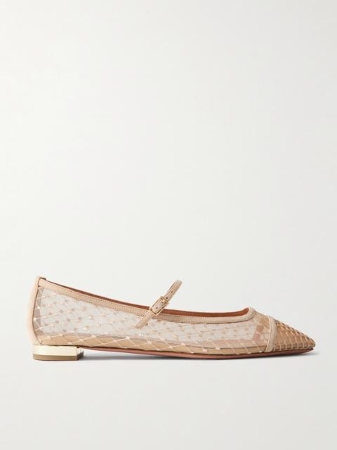 Juliette Suede-trimmed Embroidered Mesh Mary Jane Ballet Flats