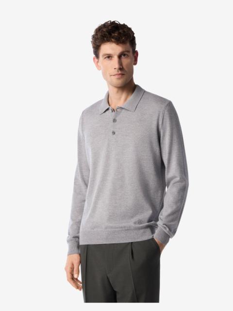 Light melange grey extra fine merino wool button-up polo