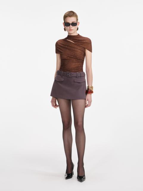 Brown Rhinestone Mesh Cut Out Top