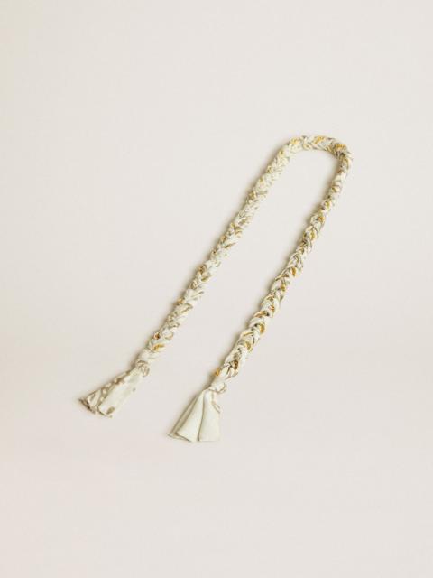 Butter-colored braided fabric charm with brass chain