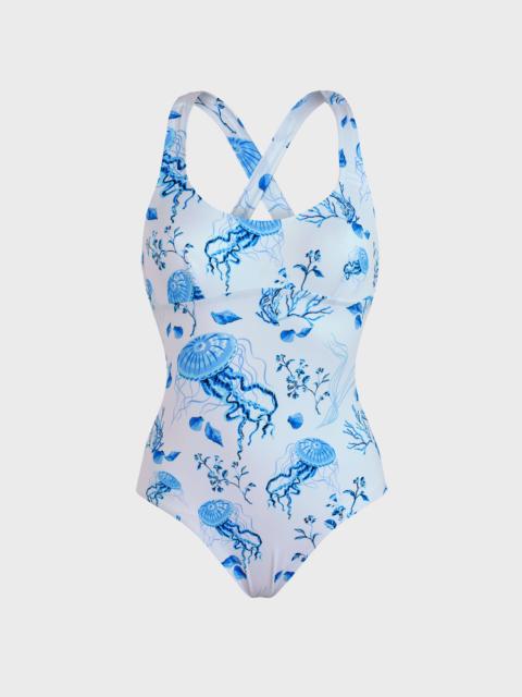 Women Crossed Back Straps One-piece Swimsuit Medusa and Shells