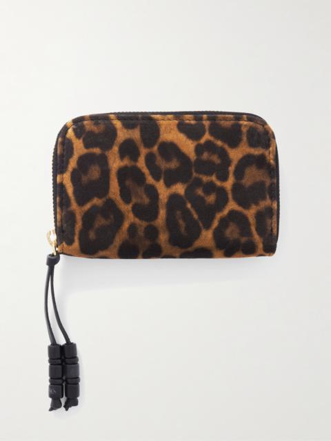 Bead-embellished Leather-trimmed Leopard-print Suede Wallet