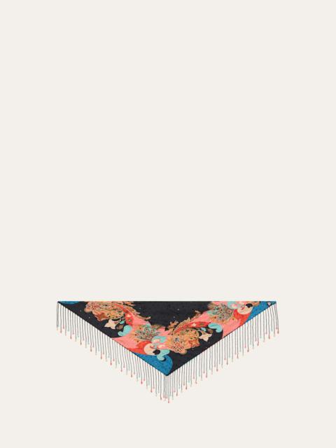 Embroidered Paisley-Print Fringe Scarf