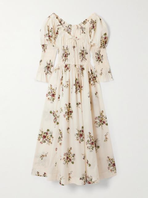 Kaira Shirred Floral-print Organic Cotton-poplin Midi Dress