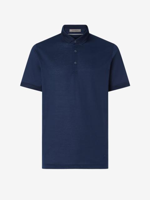 Navy blue button-up lisle thread polo shirt