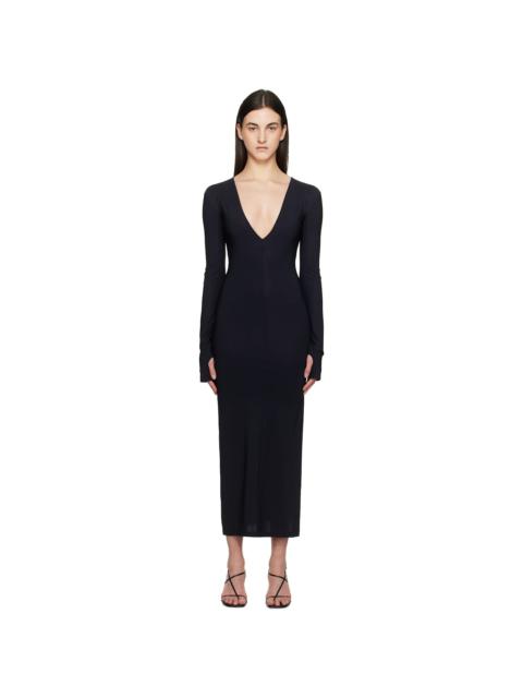 Black Lycra Jersey Pluge Maxi Dress