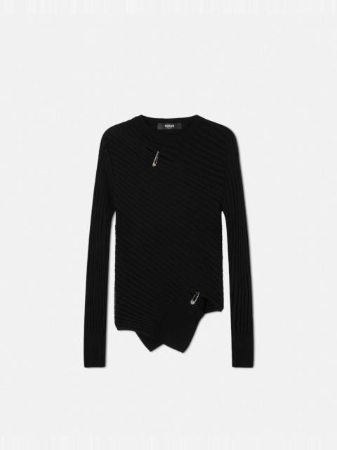 Safety Pin Asymmetric Ribbed Knit Sweater