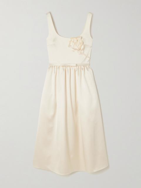 Appliquéd Belted Satin Midi Dress