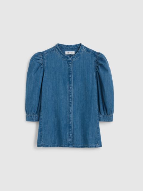 Denim Puff-Sleeve Band-Collar Shirt