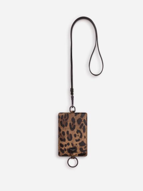 Leopard print card holder in dauphine calfskin with cross-body strap