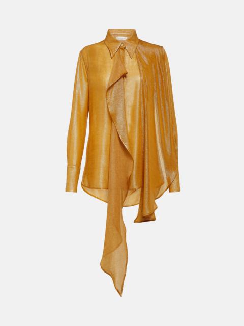 Draped tie-neck lamé blouse