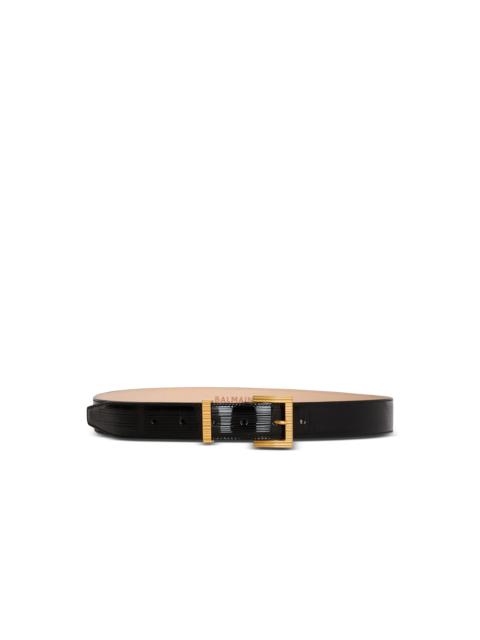 Perfume belt in striped patent leather