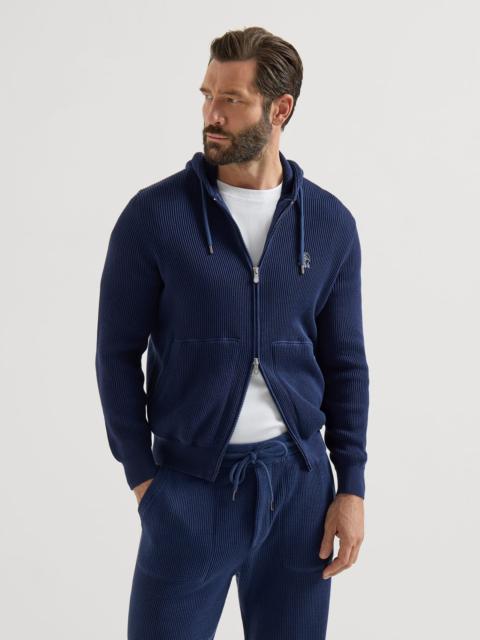 Cotton English rib knit hooded sweatshirt with logo and zipper