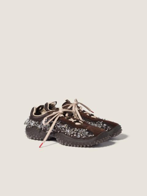 Bubble embroidered technical fabric and suede sneakers