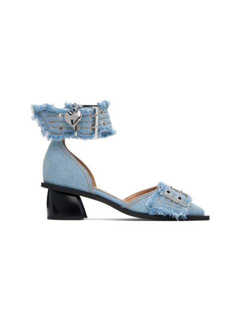 Blue Denim Feminine Buckle Open Cut Heels