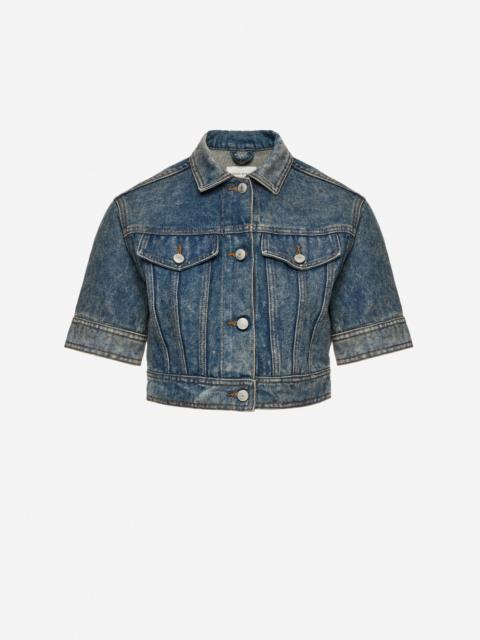 Cropped denim jacket with short sleeves in vintage blue