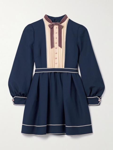 Ricrac, georgette and velvet-trimmed wool and silk-blend mini dress Navy