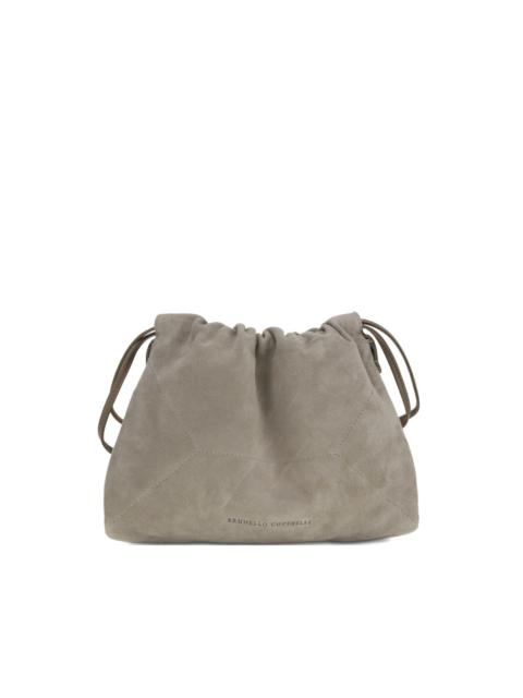 drawstring suede shoulder bag