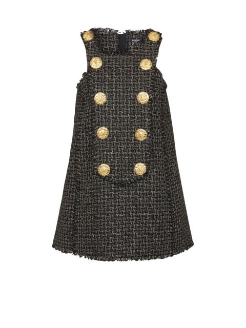 Sleeveless lurex tweed dress with buttons