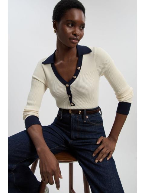 Knit Rib With Contrast Hem Detail Collared Top