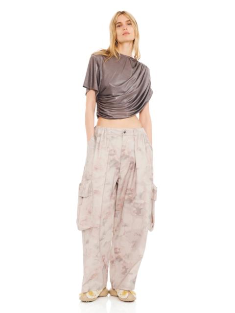 WASHED BEIGE WATERCOLOR ROSES PLEATED CARGO PANT