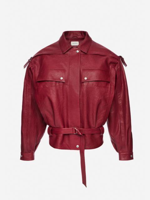 Oversized belted leather jacket in cherry red