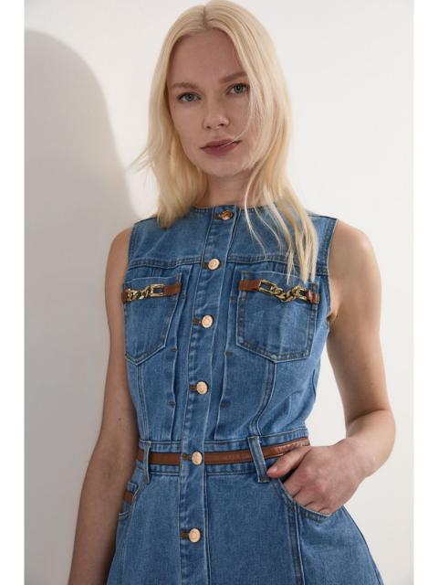 Denim & Faux Leather Tipping Sleeveless Midi Dress