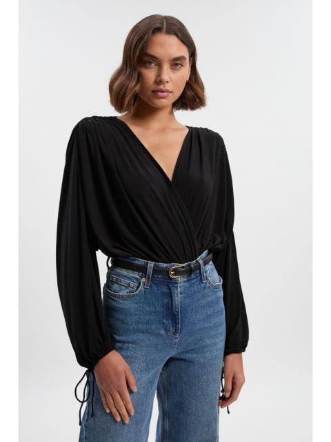 Stretch Drapey Crepe Ruched Plunge Neck Batwing Sleeve Bodysuit