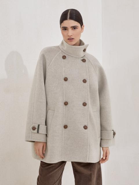 Hand-crafted pea coat in virgin wool and cashmere double cloth with shiny cuff details