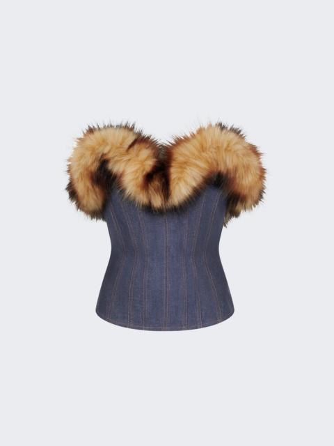Detachable Faux-fur Trim Corset Top Indigo And Brown