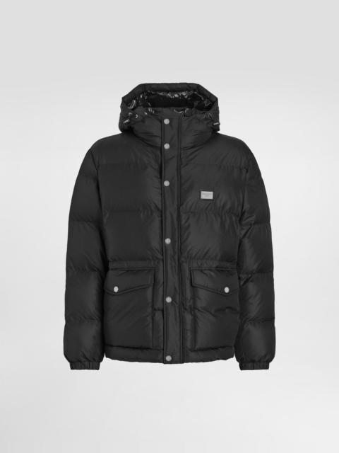 Nylon down jacket with hood and branded tag