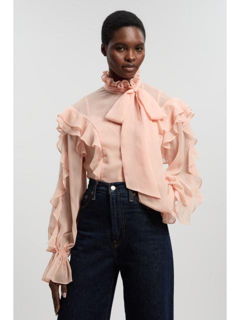 Ruffle Front Crinkle Georgette Pussy Bow Blouse