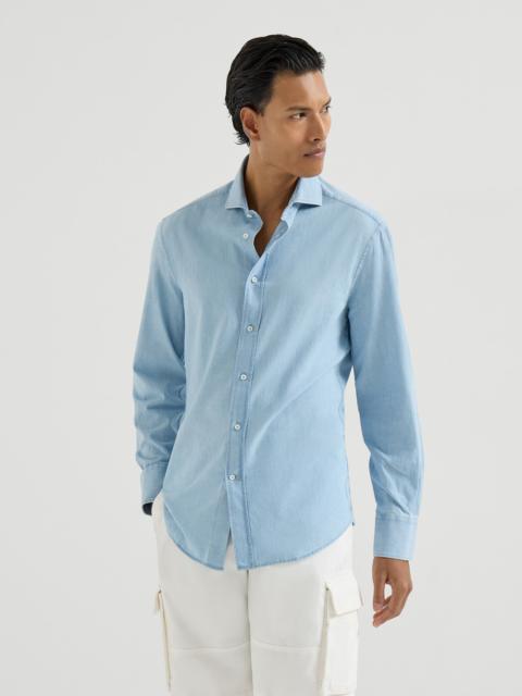 Denim-effect chambray slim fit shirt with spread collar