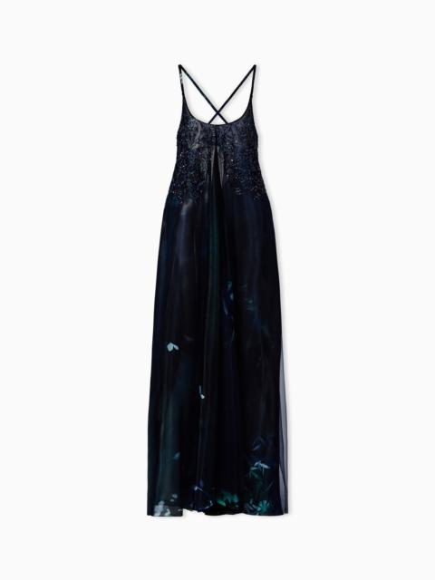 LONG DRESS IN EMBROIDERED FABRIC AND PRINTED SILK