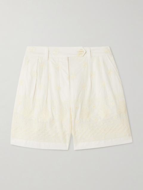 Deena Pleated Embroidered Cotton-voile Shorts