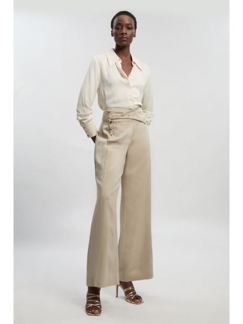 Tailored Linen Button Front Wide Leg Trouser